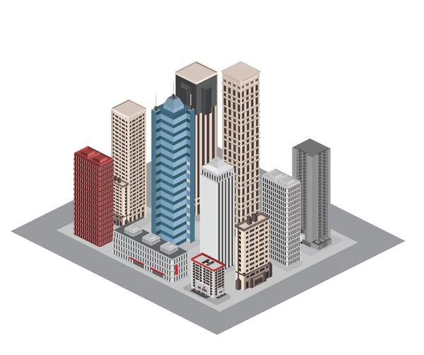 Izometrické Městská Architektura Prvky Různých Budov Vektorové Ilustrace — Stockový vektor