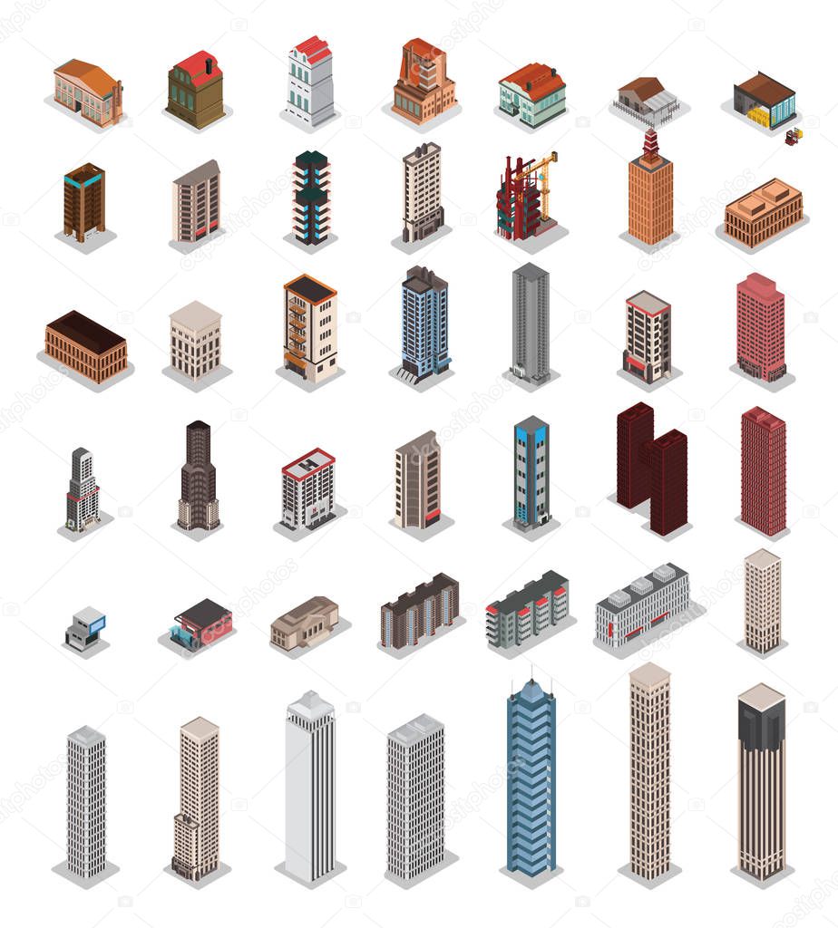 Isometric urban architecture elements different buildings - Vector illustration