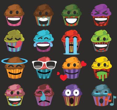 Muffins sevimli çizgi karakter kümesi emoji koyu arka plan üzerinde
