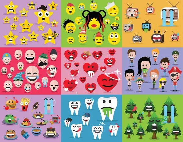 Estrelas Pessoas Corações Dentes Emoji Comida Emoticons — Vetor de Stock