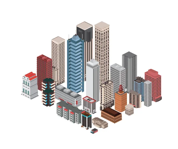 Elementos Arquitetura Urbana Isométrica Edifícios Diferentes Ilustração Vetorial — Vetor de Stock