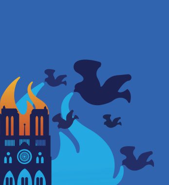 Paris'teki Notre Dame katedrali yanıyor, renkli vektör illüstrasyonu 