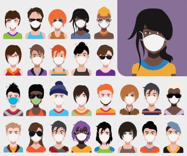 İnsanlar koruyucu maskeli avatarlar. Vektör kadın ve erkek karantina zamanı için avatar.