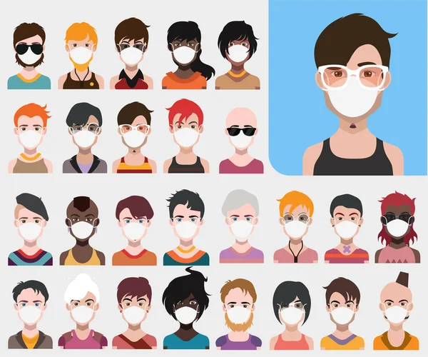 People avatars in protective masks. Vector women, men avatar for quarantine time.