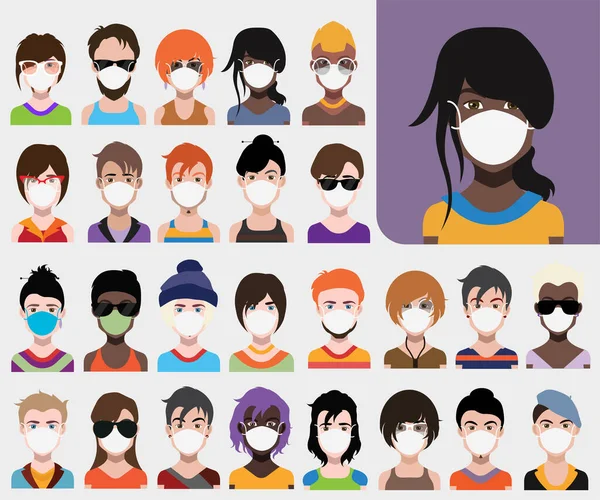 Gente Avatares Con Máscaras Protectoras Vector Mujeres Hombres Avatar Para —  Fotos de Stock