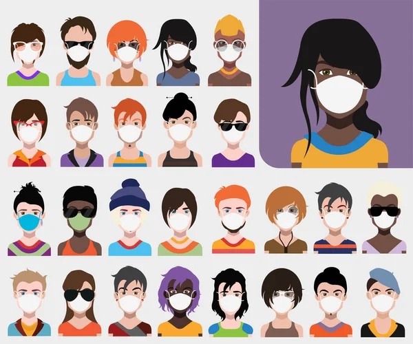 People Avatars Protective Masks Vector Women Men Avatar Quarantine Time — Stock Photo, Image