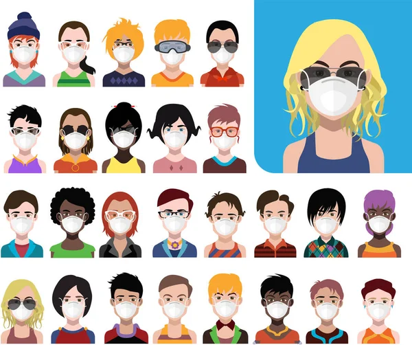 People Avatars Protective Masks Vector Women Men Avatar Quarantine Time — Stock Photo, Image