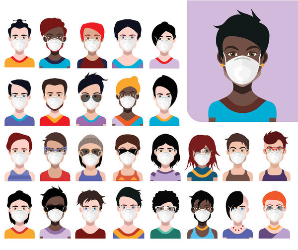 People avatars in protective masks. Vector women, men avatar for quarantine time.