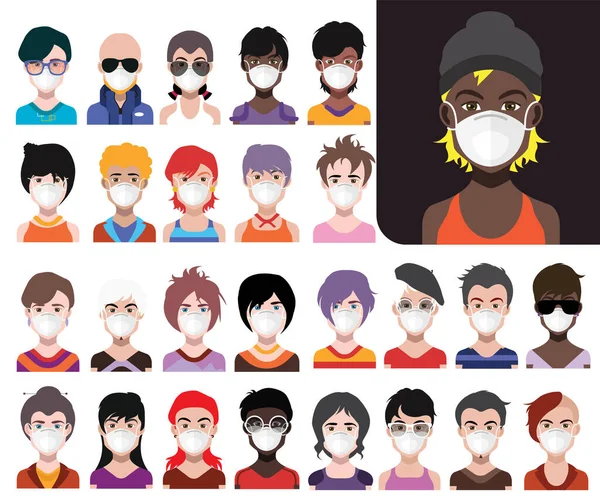 Gente Avatares Con Máscaras Protectoras Vector Mujeres Hombres Avatar Para Imagen De Stock