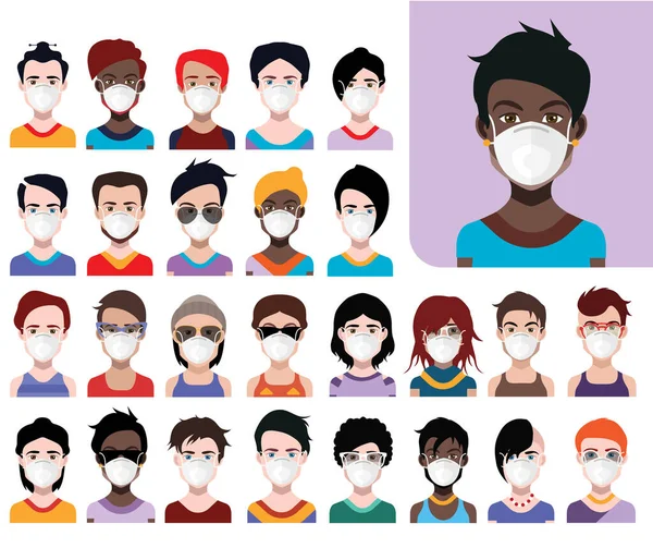 Gente Avatares Con Máscaras Protectoras Vector Mujeres Hombres Avatar Para Fotos de stock