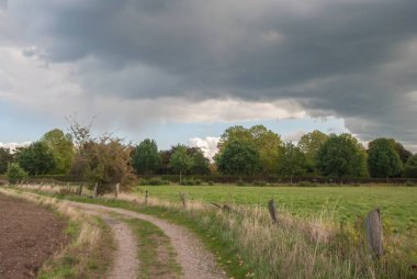 Dramatik yağmur bulutları bir garaj yolu üzerinden tarlanın kenarındaki koruluğa doğru.