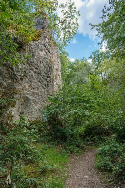 Camino a lo largo de una pared de roca del Stenzelberg. — Foto de Stock