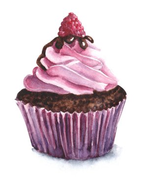 El boyalı suluboya cupcake illüstrasyon. Beyaz arka plan üzerinde izole boyama. Tatlı gıda suluboya kek illüstrasyon. Kek, cupcake, pembe krem tatlı, ahududu ile çikolatacupcake
