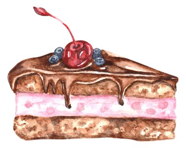 El boyalı suluboya pasta vektör illüstrasyon. Tatlı gıda suluboya illüstrasyon. Kek, cupcake, pembe krem tatlı, çikolatalı vişneli kek, vişneli ve yaban mersini çikolatalı kek
