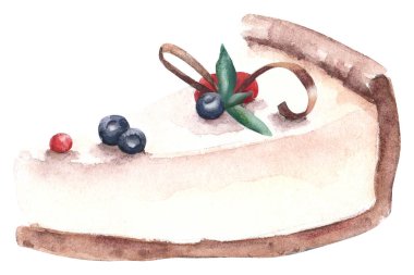 Elle boyanmış suluboya peynirli kek çizimi. Tatlı yiyeceklerin suluboya çizimi. Pasta, peynirli pasta, kremalı tatlı, çikolatalı cheesecake. Beyaz arkaplanda yiyecek çizimi