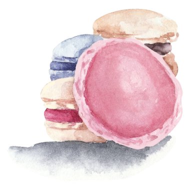 Elle boyanmış Fransız badem kurabiyesi çizimi. Makaronların suluboya çizimi. Pasta, franch tatlısı, badem kurabiyesi, çeşit çeşit badem kurabiyesi. Beyaz arkaplanda yiyecek çizimi