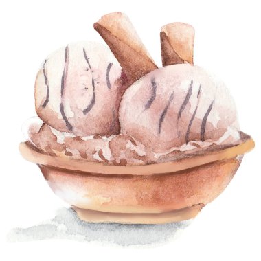 Elle boyanmış suluboya dondurma tatlısı çizimi. Beyaz arka planda dondurma. Beyaz kremalı tatlı, gözlemeli dondurma ve tabakta çikolata. Krem karamel tatlı, yaz buzlu yemek..