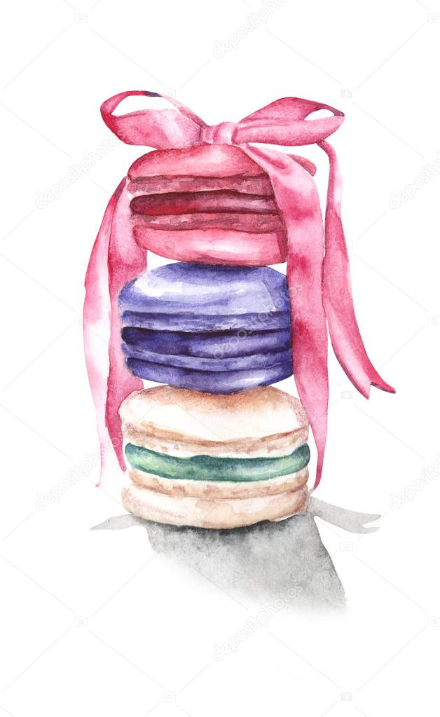 Hand painted watercolor french macarons illustration. Watercolor illustration of macarons. French dessert, dessert, stacked assorted macaroons with ribbon. Food illustration on white background