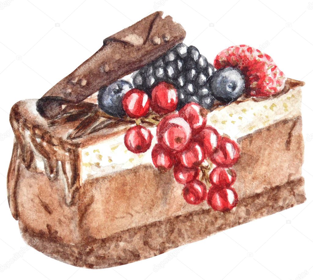 Hand painted watercolor cake illustration. Cake, cupcake, chocolate cream dessert, cake with chocolate, chocolate cake with blackberries, red currants and blueberries. Illustration on white background