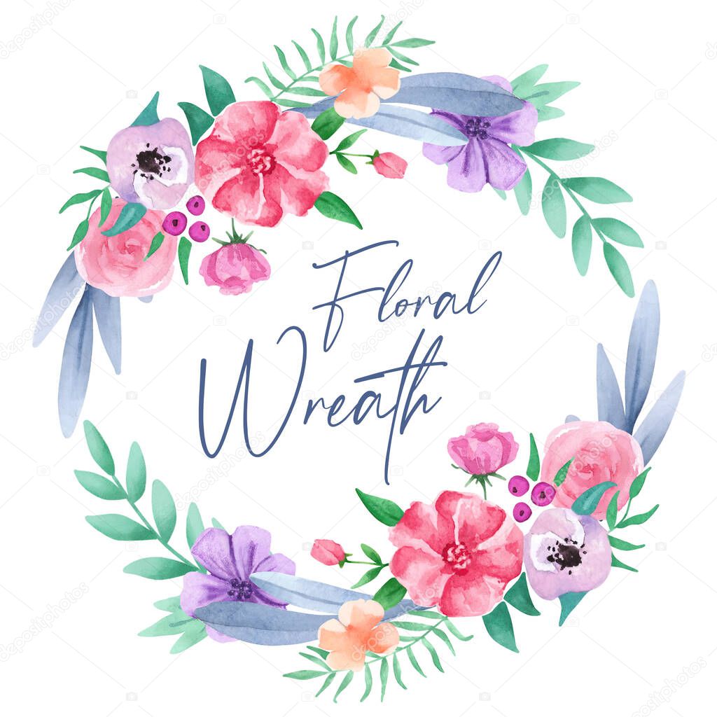 Hand drawn watercolor floral wreath with leaves. Round frame with flowers, illustration on white background. Design for cards, posters, wedding invitations. Botanical illustration, roses, violets