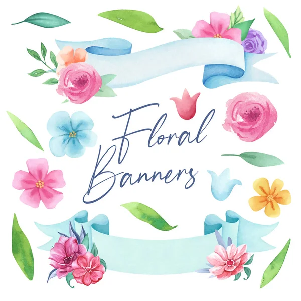 Hand drawn watercolor banners set. Watercolor banners, ribbons, with flowers bunches