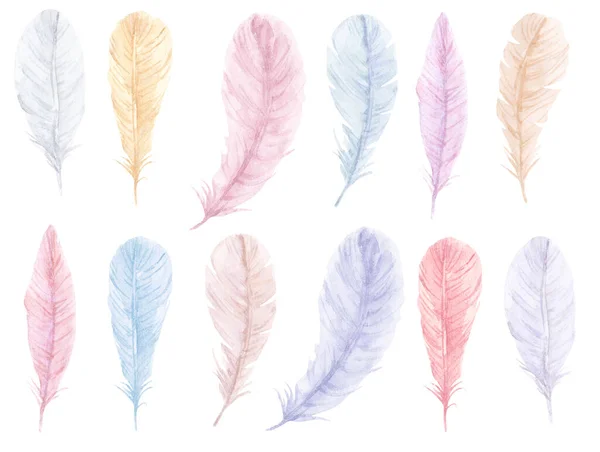 Набор акварельных ярких перьев ручной работы. Перья в стиле бохо, иллюстрация на белом фоне — стоковое фото