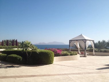 Tesisin lounge alanında Paradise yeşil bahçesi, çadır ı ve denizdeki bir adaya karşı şezlonglar bulunmaktadır..