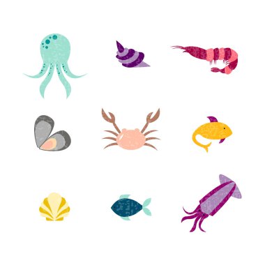 Deniz ürünleri restoranı veya kafein afişi, poster, kıyafet, logo ve reklam tasarımı için deniz hayvanlarının vektör çizimi. Şablon, tabela, ilan panosu, baskı, kitapçık, paket, menü tasarımı, deniz ürünleri dükkânı logosu