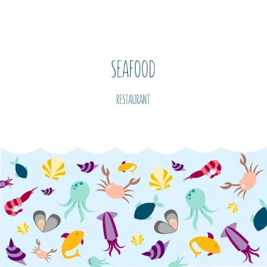 Deniz ürünleri restoranı veya kafein afişi, poster, kıyafet, logo ve reklam tasarımı için deniz hayvanlarının vektör çizimi. Şablon, tabela, reklam panosu, yazdırma, kitapçık, paket, menü tasarımı için desen