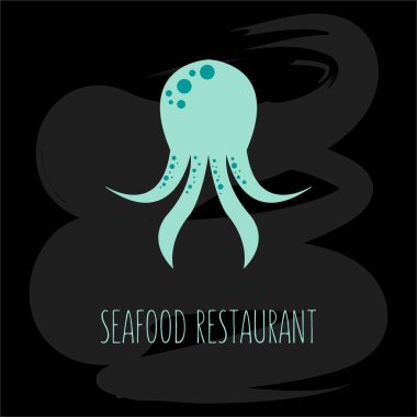 Deniz ürünleri restoranı ya da kafeterya afişi, poster, kıyafet, logo ve reklam tasarımı için yazılı bir ahtapotun vektör çizimi. Şablon, tabela, reklam panosu, yazdırma, kitapçık, paket, menü tasarımı için çizim