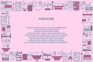 İç tasarım ya da mobilya mağazası afişi, broşür, poster, logo, reklam, fiyat listesi, web tasarımı için fotokopi alanı olan modern arkaplanın vektör çizimi. Şablon, tabela, ilan panosu, el ilanı için çizgi sanat mobilyaları