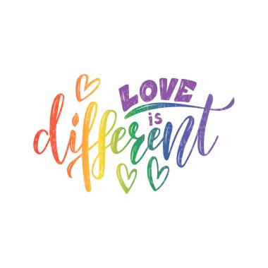 Aşkın vektör illüstrasyonu afiş, poster, logo, reklam, kartpostal tasarımı için farklı harflerdir. Web şablonu veya yazdırma için lgbt renklerine sahip el yazısı metin Aziz Sevgililer Günü dekorasyonu için kullanılabilir