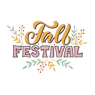 Pankart, reklam, poster, davetiye, web tasarımı veya basımı için sonbahar festivali harflerinin vektör illüstrasyonu. Çiçek dekoratif grafikli el yazısı metin