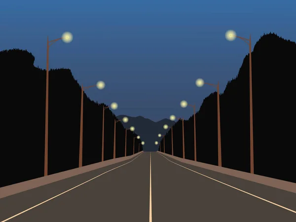 Ilustração Vetorial Uma Estrada Noturna Com Duas Fileiras Luzes Floresta — Vetor de Stock