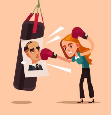 Öfkeli kadın ofis işçi karakter fotoğraf patron eski kocası meslektaşım yendi. Düz çizgi film grafik tasarım illüstrasyon izole çalışan ilişki ayrımcılık sorunları kavramı