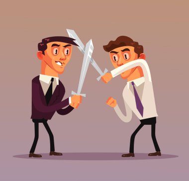 İki işadamı office işçisi karakter kılıç ile mücadele. Düz çizgi film grafik tasarım illüstrasyon izole iş yarışmalar rekabet savaş kavramı