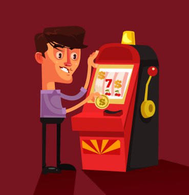 Mutlu başarılı şanslı adam karakter slot makinesidir oynamaya gülümseyerek. Düz çizgi film grafik tasarım illüstrasyon izole Casino oyun rulet kazanan servet kavramı