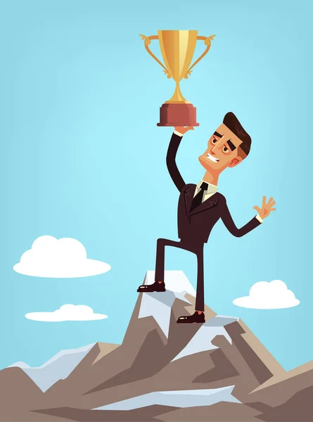 Happy Smiling Lucky Winner Businessman Office Worker Character Standing Mountain — Stock Vector