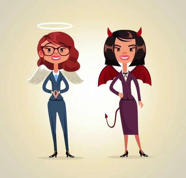 Dos Mujeres Trabajadoras Oficina Ángel Negocios Personajes Demoníacos Elección Difícil — Vector de stock