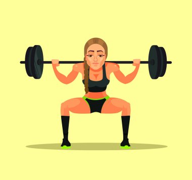 Ağır barbell ile egzersiz ağız kavgası yapıyor sportif fitness vücut geliştirmeci atlet eğitmen öğretmen bir kadın. Spor düz çizgi film illüstrasyon grafik tasarım konsepti