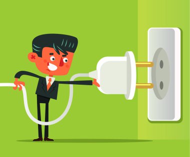 Office çalışan adam işadamı bağlanmak ve elektrik kablo güç soketinin bağlantısını kesin. Hata sayfa düz çizgi film illüstrasyon grafik tasarım kavramı öğesi