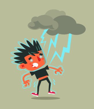 Yıldırım tarafından isabet mutsuz başarısız adam karakter. Kötü hava fırtına düz çizgi film illüstrasyon grafik tasarım konsepti