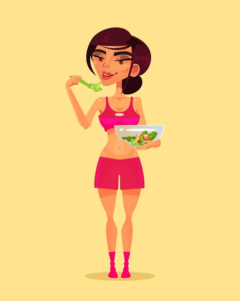 Happy Smiling Sport Fitness Woman Character Eating Green Salad Healthy — Stock Vector