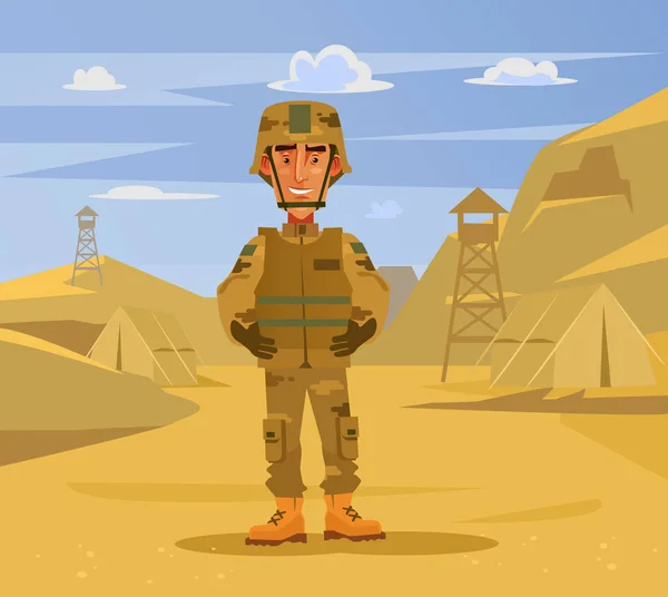 Feliz Soldado Sonriente Personaje Hombre Pie Fondo Del Campamento Guerra — Vector de stock