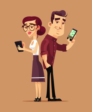 Tarih ve iletişim smartphone tarafından iki kişi çift erkek ve kadın erkek kız arkadaşı. Sosyal ağ modern sorunlar bağımlılık bağımlılık kavramı düz çizgi film tasarım grafik illüstrasyon izole