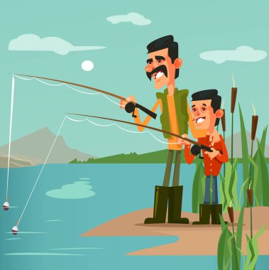 Balık tutma mutlu gülümseyen baba balıkçı baba ve oğul karakterleri. Doğa tatil hobi eğlence kavramı düz çizgi film tasarım grafik illüstrasyon izole