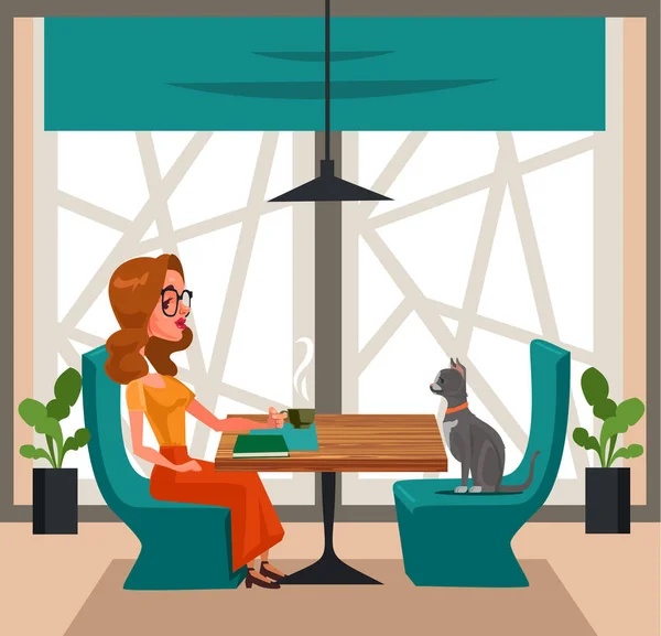 Feliz Sonriente Personaje Mujer Libertad Bebiendo Café Con Gato Mascotas — Vector de stock