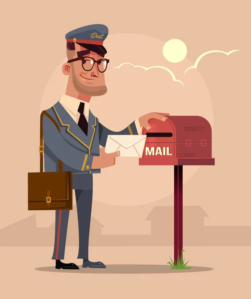 Happy Smiling Postman Character Put Envelope Letter House Mail Box — Stock Vector