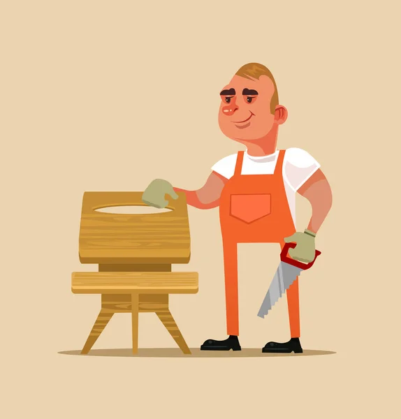 Felices Muebles Sonrientes Constructor Manual Trabajador Hombre Carácter Haciendo Mesa — Vector de stock