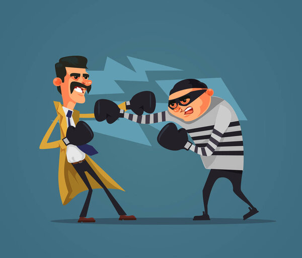 Brave detective policeman character fight criminal prisoner gangster burglar man. Low justice police flat cartoon design graphic isolated illustration